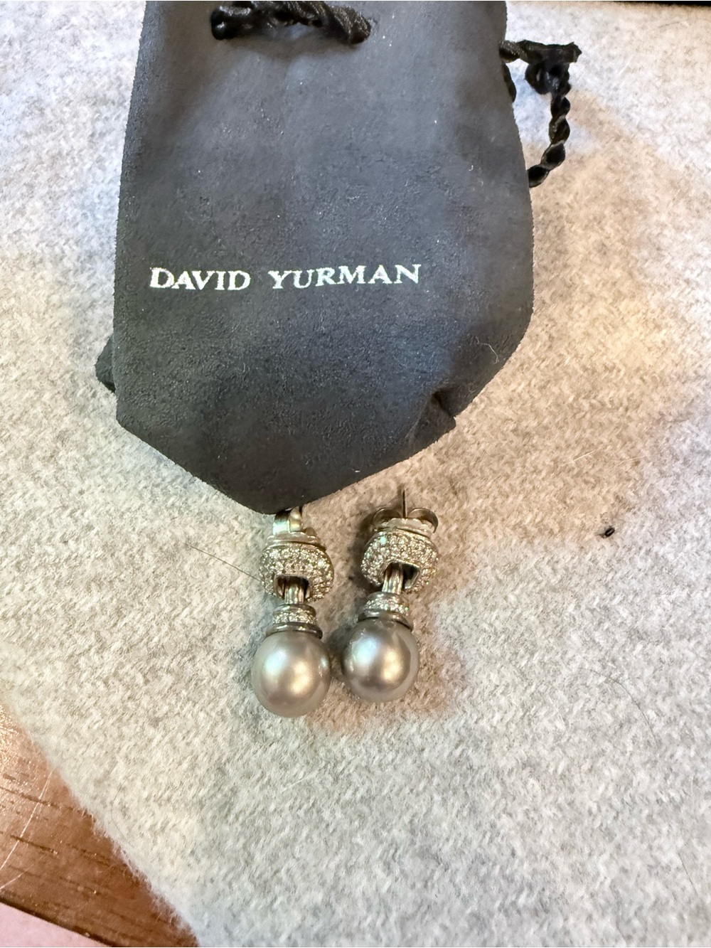 David Yurman Silver-Tone Gray Pearl Drop Earrings with Pavé